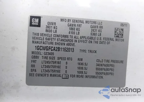 2011 Chevrolet Express 2500 Work Van from USA, damaged, VIN 1GCWGFCA2B1162013